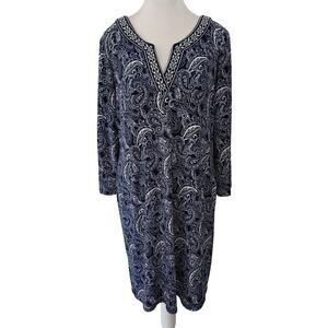 Magnolia Grace‎ Size L Navy Paisley Embroidered Neckline Long Sleeve Dress